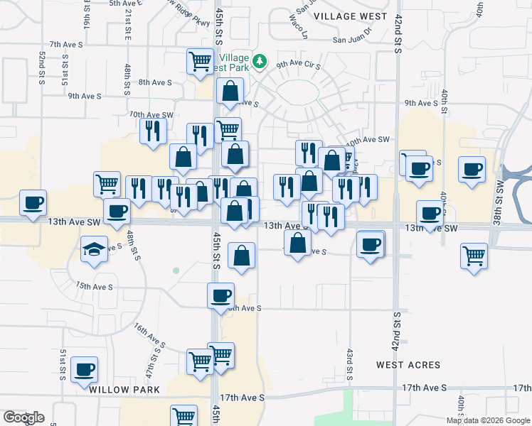 map of restaurants, bars, coffee shops, grocery stores, and more near 4427 13th Avenue South in Fargo