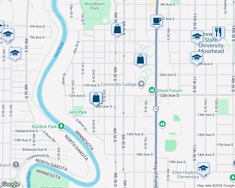 map of restaurants, bars, coffee shops, grocery stores, and more near 1122 4th Street South in Moorhead