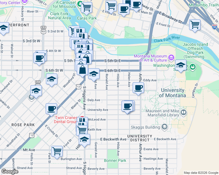 map of restaurants, bars, coffee shops, grocery stores, and more near 826 Ronald Avenue in Missoula