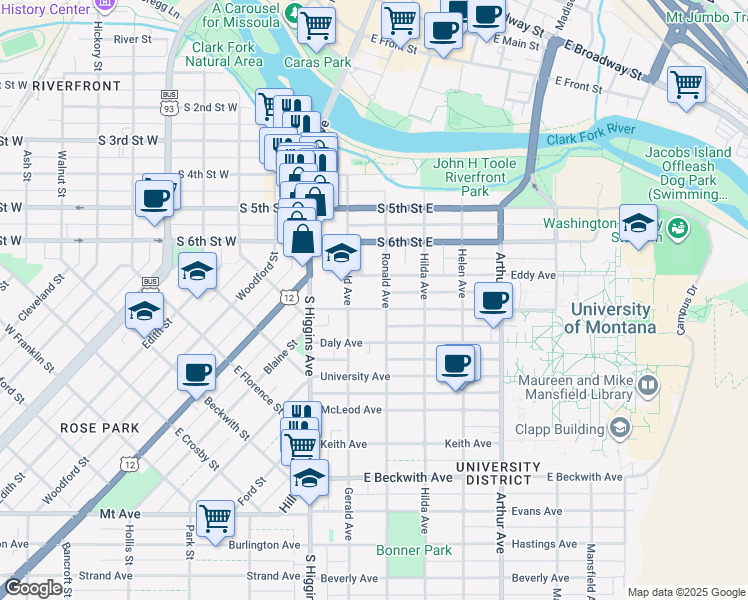 map of restaurants, bars, coffee shops, grocery stores, and more near 826 Ronald Avenue in Missoula