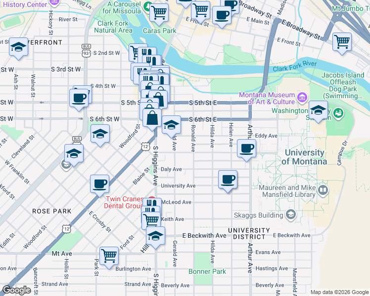 map of restaurants, bars, coffee shops, grocery stores, and more near 205 Eddy Avenue in Missoula