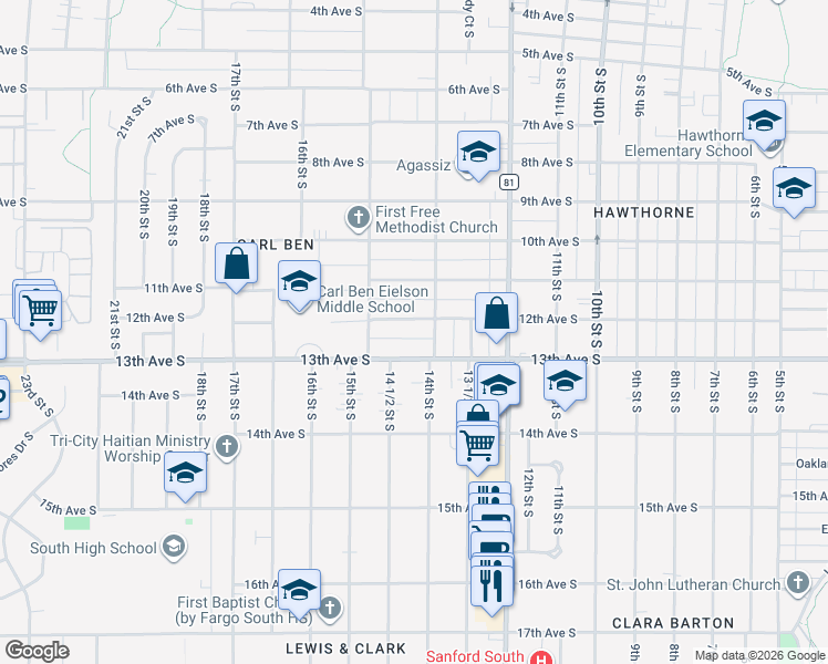 map of restaurants, bars, coffee shops, grocery stores, and more near 1421 12th Ave S in Fargo