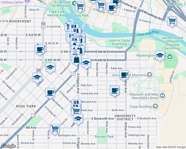 map of restaurants, bars, coffee shops, grocery stores, and more near 205 Eddy Avenue in Missoula