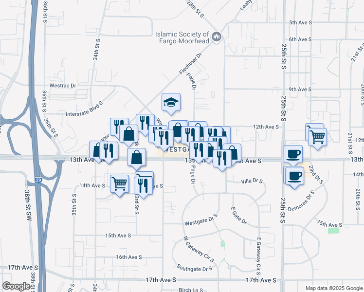 map of restaurants, bars, coffee shops, grocery stores, and more near 1201 Page Drive in Fargo