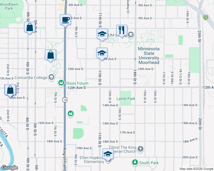 map of restaurants, bars, coffee shops, grocery stores, and more near 1025 12th Street South in Moorhead