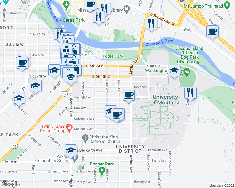map of restaurants, bars, coffee shops, grocery stores, and more near 925 Helen Avenue in Missoula