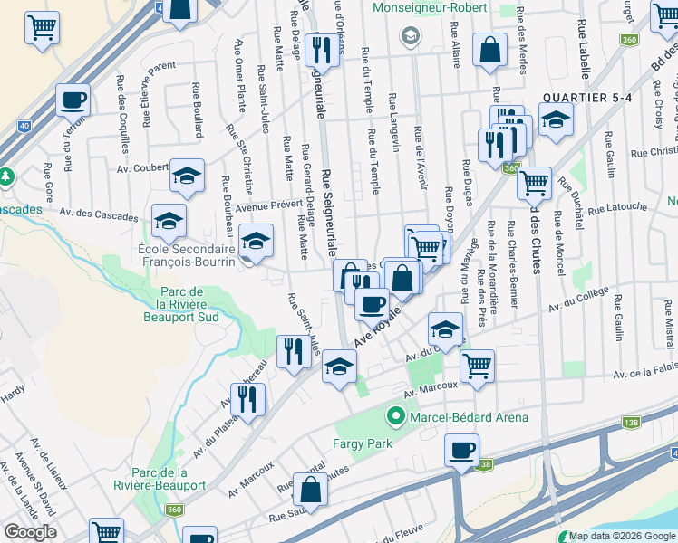 map of restaurants, bars, coffee shops, grocery stores, and more near 76 Avenue des Cascades in Québec