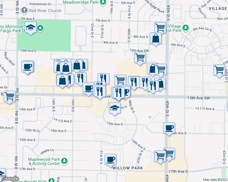 map of restaurants, bars, coffee shops, grocery stores, and more near 4883 13th Ave S in Fargo