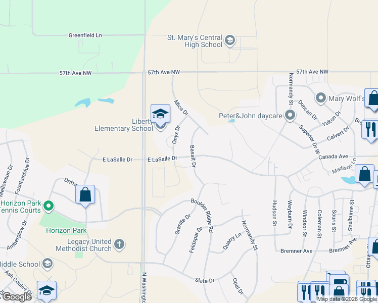 map of restaurants, bars, coffee shops, grocery stores, and more near 5305 Basalt Drive in Bismarck