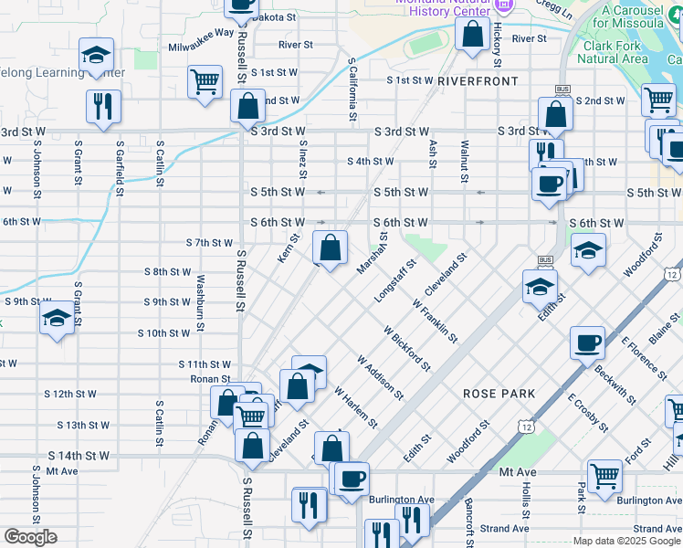 map of restaurants, bars, coffee shops, grocery stores, and more near 521 West Franklin Street in Missoula