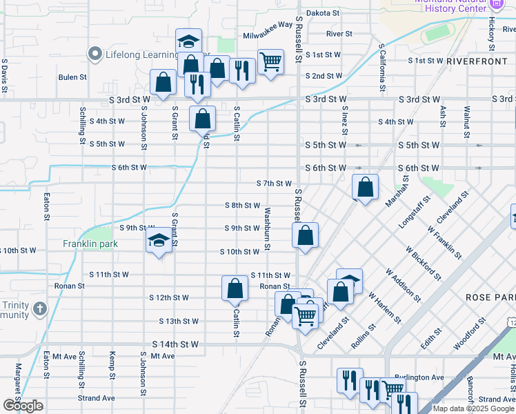 map of restaurants, bars, coffee shops, grocery stores, and more near 1615 S 7th St W in Missoula