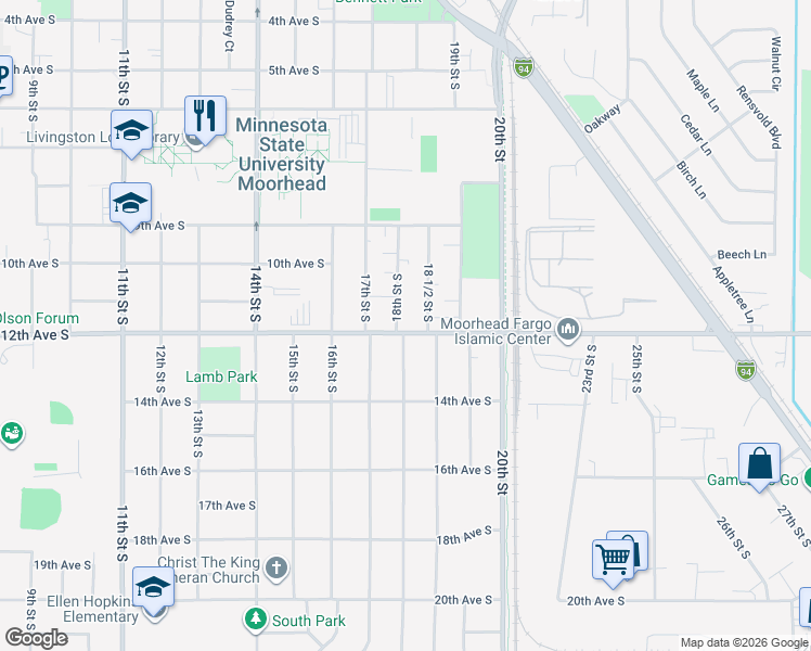 map of restaurants, bars, coffee shops, grocery stores, and more near 1106 18th Street South in Moorhead