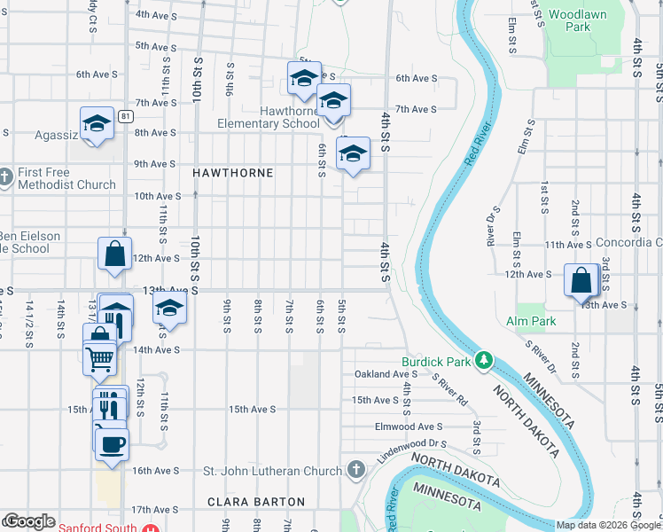 map of restaurants, bars, coffee shops, grocery stores, and more near 1115 6th Street South in Fargo