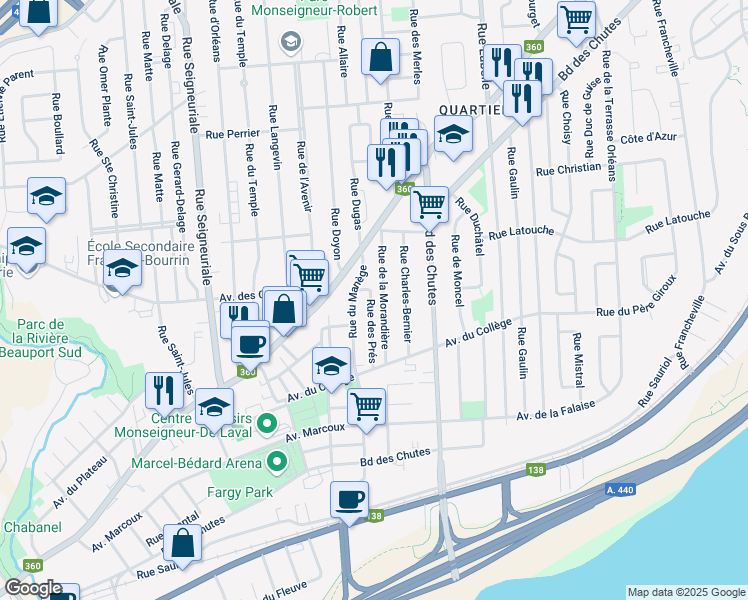 map of restaurants, bars, coffee shops, grocery stores, and more near 11 Rue des Prés in Québec