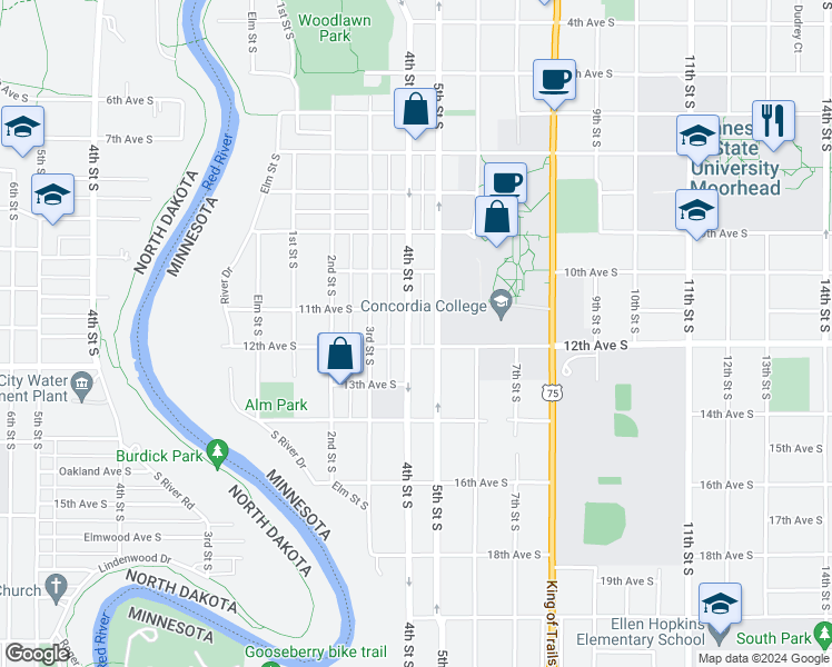 map of restaurants, bars, coffee shops, grocery stores, and more near 1118 4th Street South in Moorhead