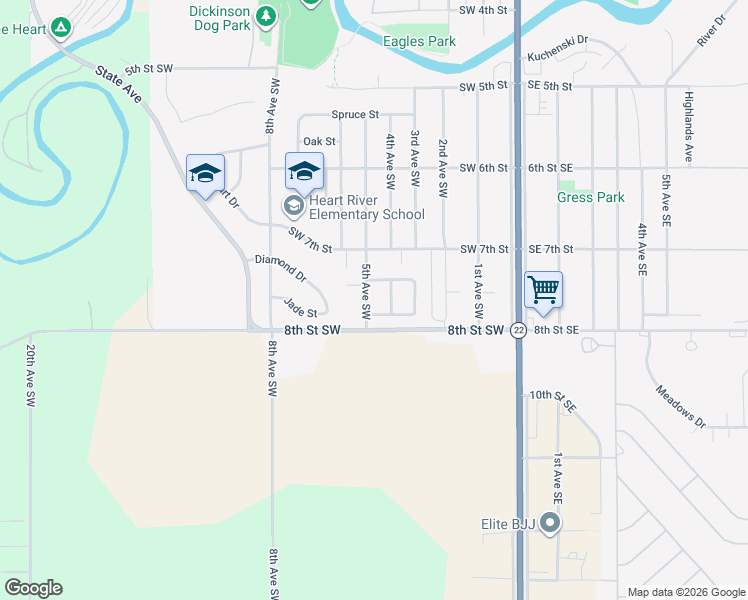 map of restaurants, bars, coffee shops, grocery stores, and more near 750 5th Avenue Southwest in Dickinson
