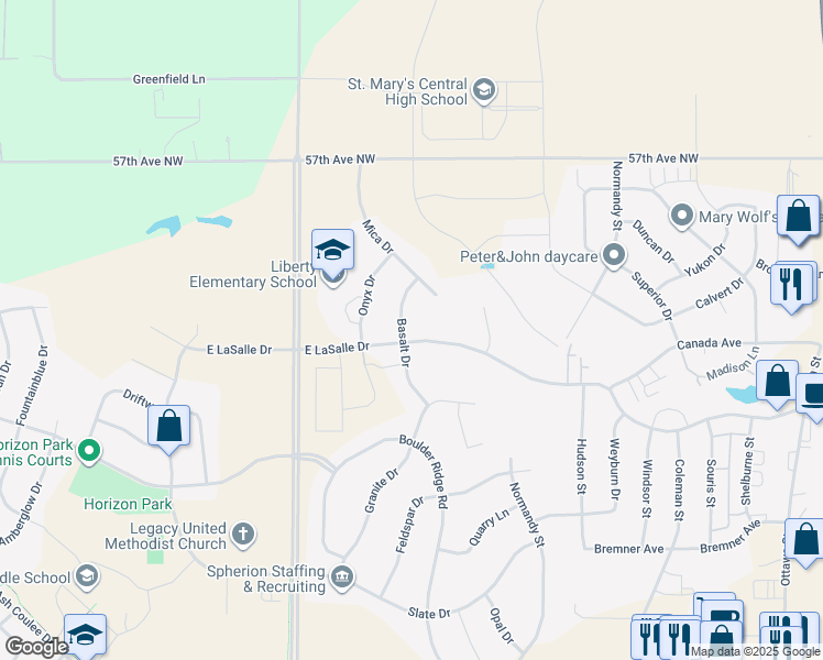 map of restaurants, bars, coffee shops, grocery stores, and more near 5305 Basalt Drive in Bismarck