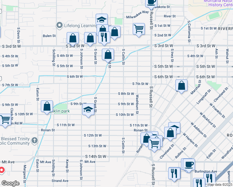 map of restaurants, bars, coffee shops, grocery stores, and more near 1750 South 8th Street West in Missoula