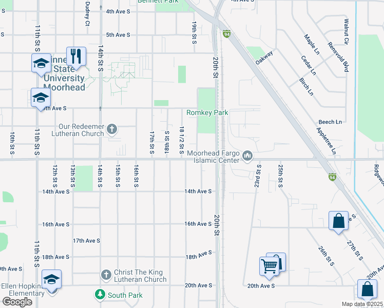 map of restaurants, bars, coffee shops, grocery stores, and more near 1107 19th Street South in Moorhead