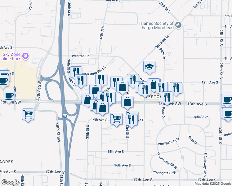 map of restaurants, bars, coffee shops, grocery stores, and more near 3333 13th Avenue South in Fargo