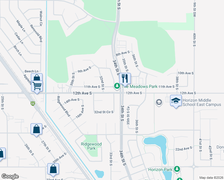 map of restaurants, bars, coffee shops, grocery stores, and more near 1046 32nd Street South in Moorhead