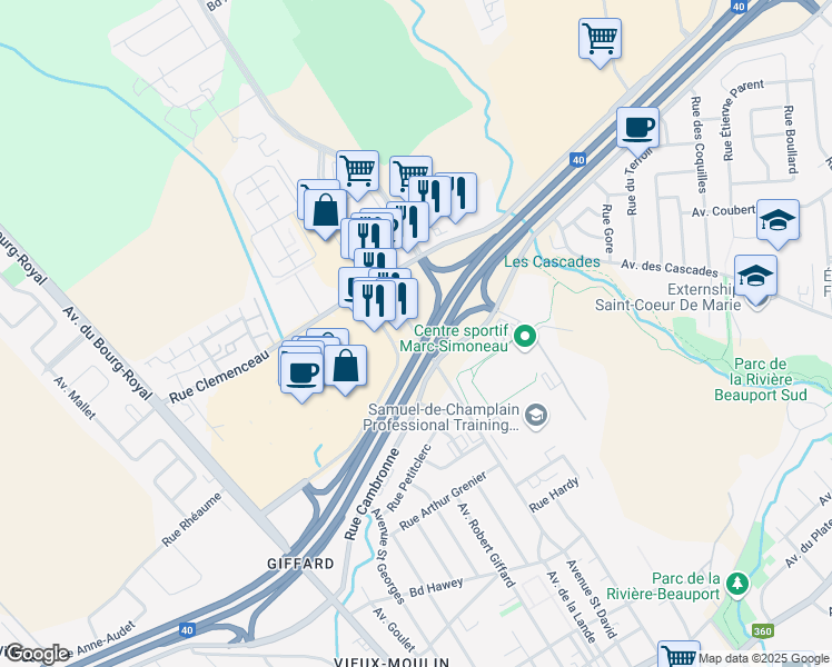 map of restaurants, bars, coffee shops, grocery stores, and more near 2790 Avenue Saint David in Québec
