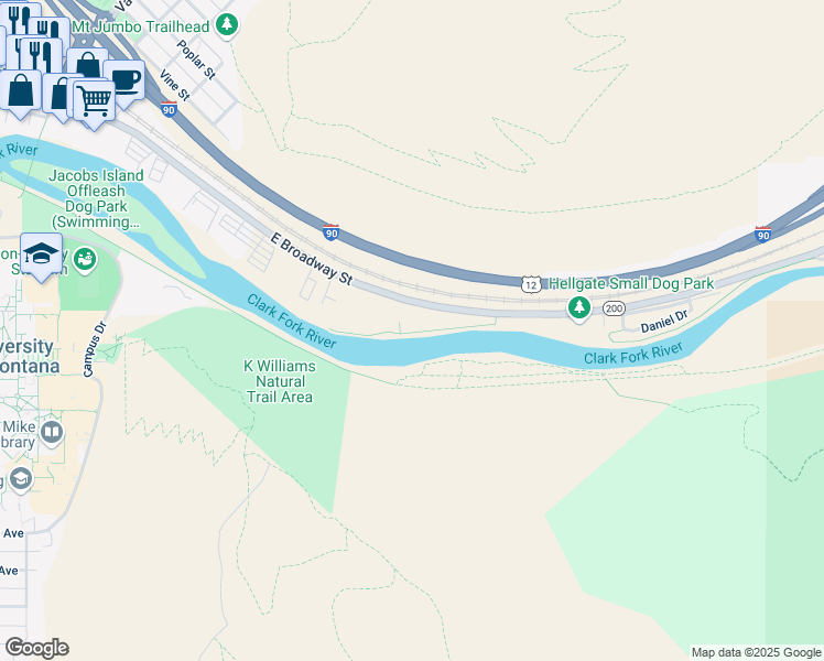 map of restaurants, bars, coffee shops, grocery stores, and more near 1405 East Broadway Street in Missoula