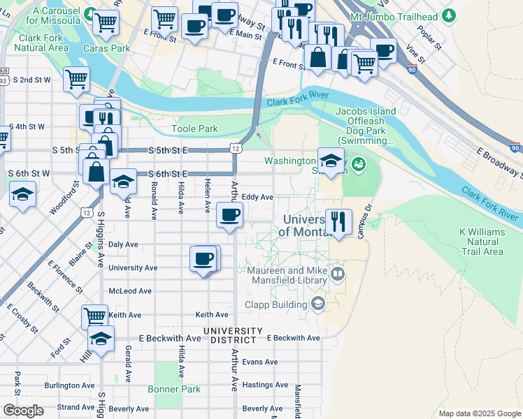 map of restaurants, bars, coffee shops, grocery stores, and more near 626 Eddy Avenue in Missoula