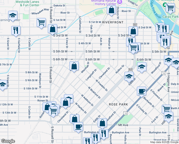 map of restaurants, bars, coffee shops, grocery stores, and more near in Missoula