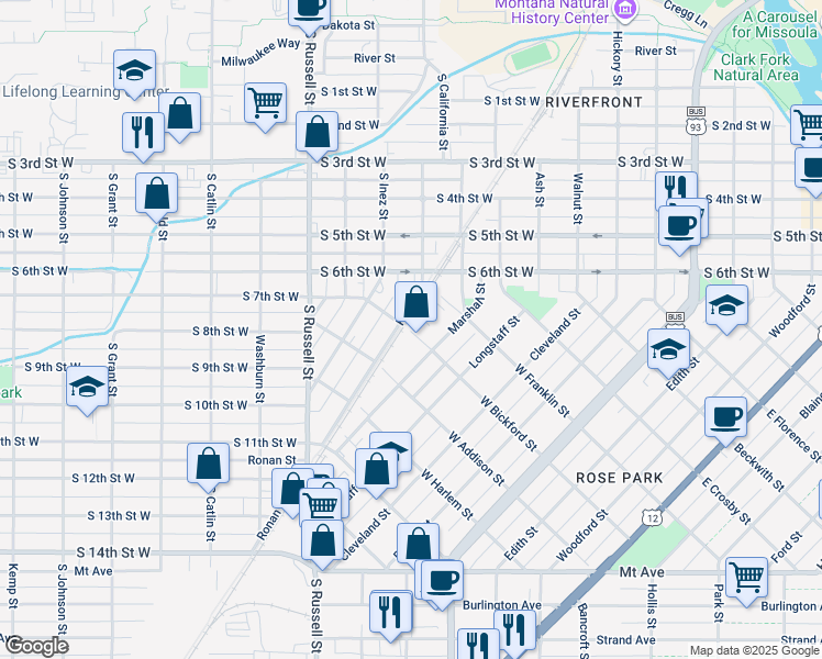 map of restaurants, bars, coffee shops, grocery stores, and more near 725 Ronan Street in Missoula