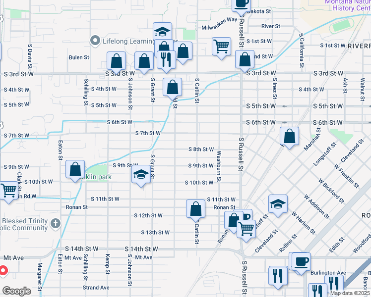 map of restaurants, bars, coffee shops, grocery stores, and more near 910 South Garfield Street in Missoula