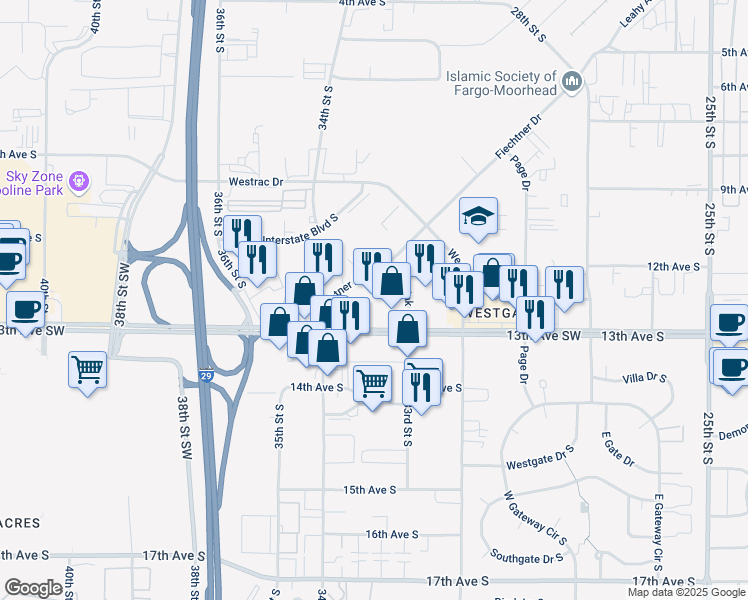 map of restaurants, bars, coffee shops, grocery stores, and more near 3333 13th Avenue South in Fargo