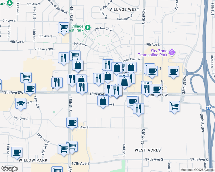 map of restaurants, bars, coffee shops, grocery stores, and more near 4325 13th Avenue South in Fargo