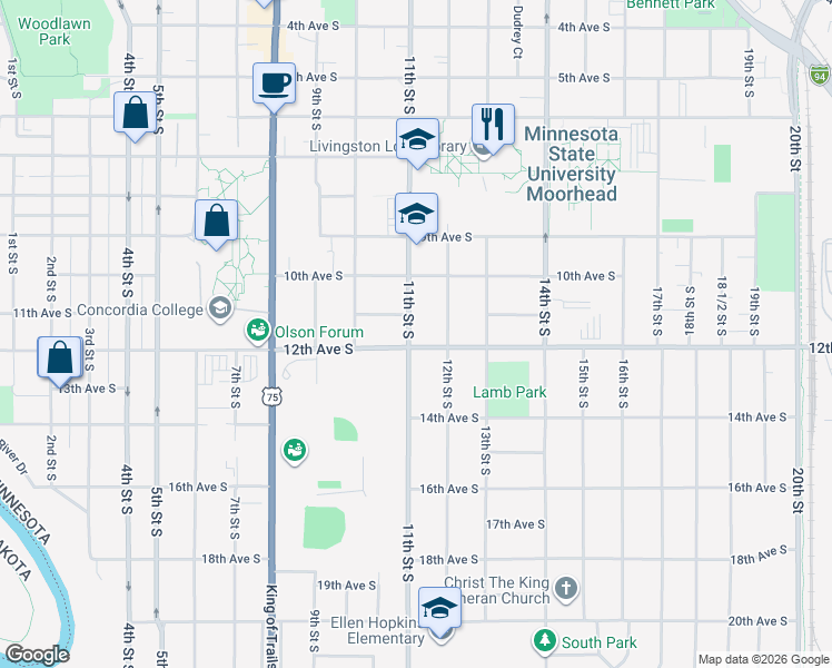 map of restaurants, bars, coffee shops, grocery stores, and more near 1025 12th Street South in Moorhead