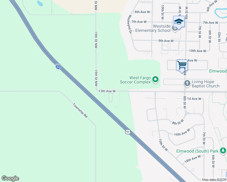map of restaurants, bars, coffee shops, grocery stores, and more near 1266 13th Avenue West in West Fargo