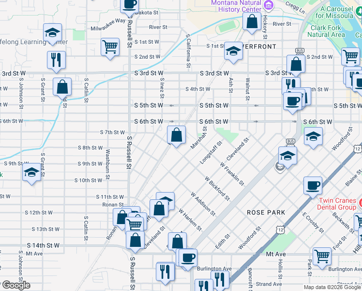 map of restaurants, bars, coffee shops, grocery stores, and more near 521 West Franklin Street in Missoula