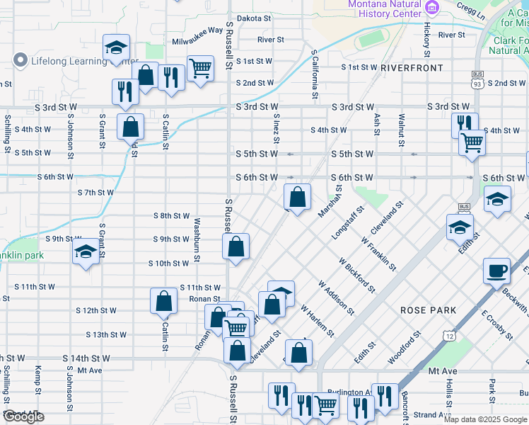 map of restaurants, bars, coffee shops, grocery stores, and more near 806 Kern Street in Missoula