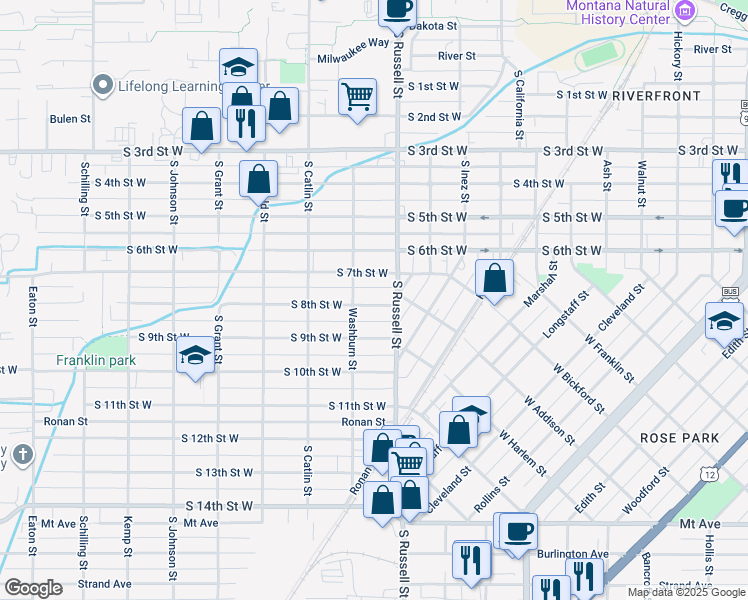 map of restaurants, bars, coffee shops, grocery stores, and more near 1538 South 8th Street West in Missoula