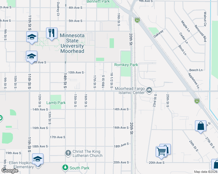 map of restaurants, bars, coffee shops, grocery stores, and more near 1106 18th Street South in Moorhead