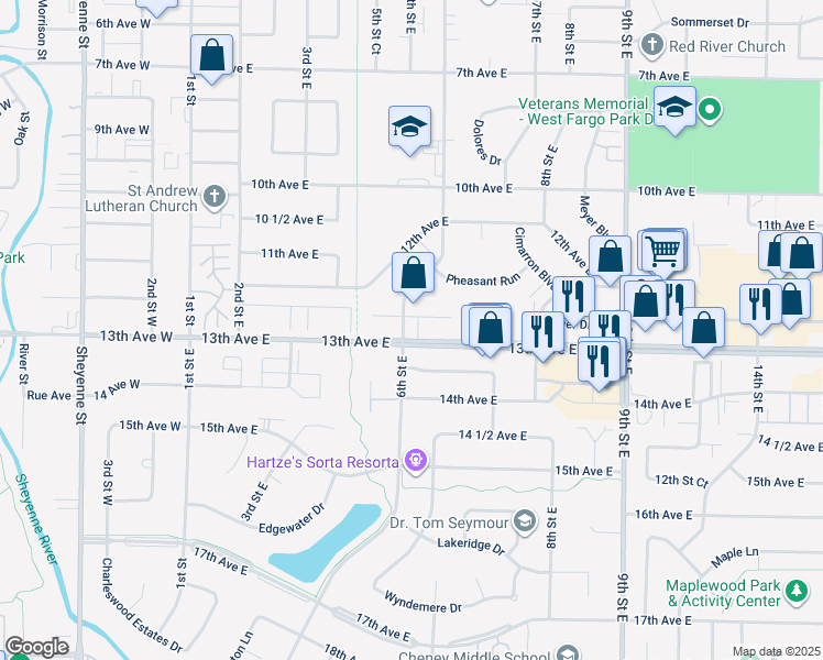 map of restaurants, bars, coffee shops, grocery stores, and more near 602 12 1/2 Avenue East in West Fargo