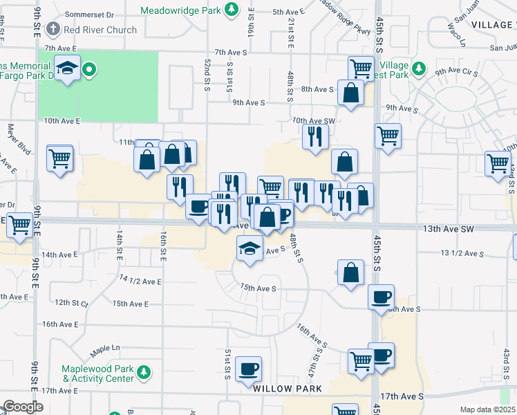 map of restaurants, bars, coffee shops, grocery stores, and more near 4883 13th Avenue South in Fargo