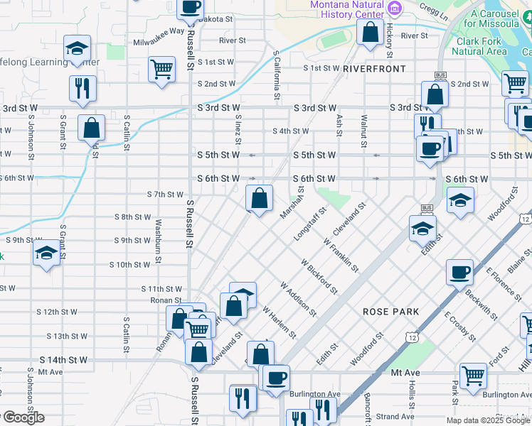 map of restaurants, bars, coffee shops, grocery stores, and more near 521 West Franklin Street in Missoula