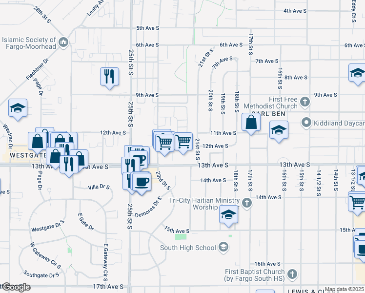 map of restaurants, bars, coffee shops, grocery stores, and more near 2202 12th Avenue South in Fargo
