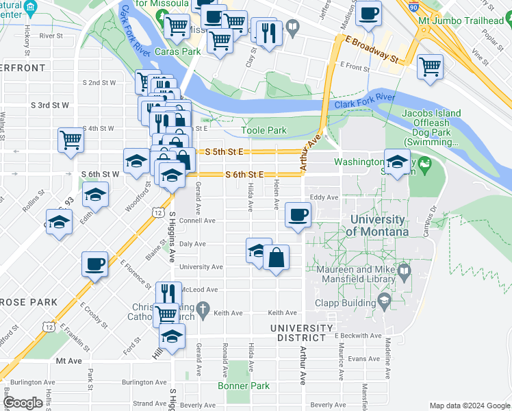 map of restaurants, bars, coffee shops, grocery stores, and more near 906 Hilda Avenue in Missoula