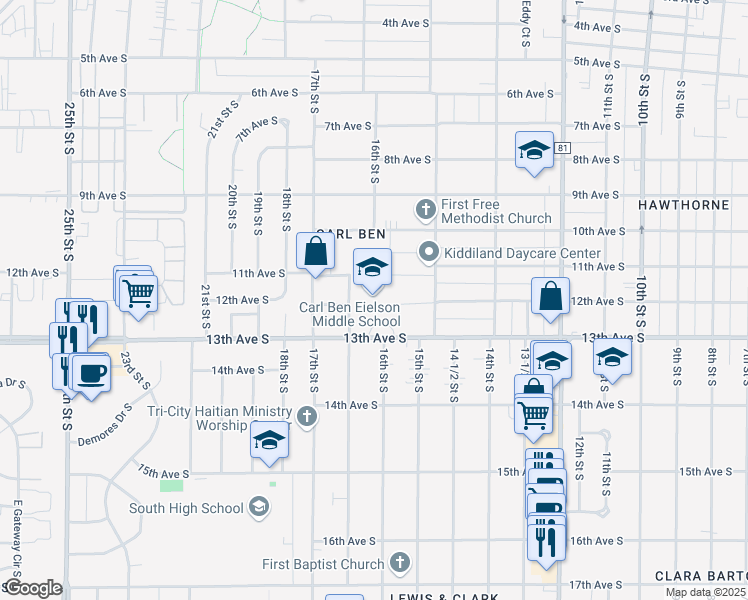 map of restaurants, bars, coffee shops, grocery stores, and more near 1601 13th Avenue South in Fargo