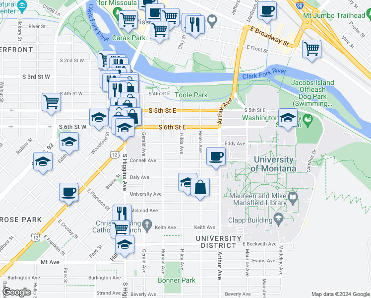 map of restaurants, bars, coffee shops, grocery stores, and more near 902 Hilda Avenue in Missoula