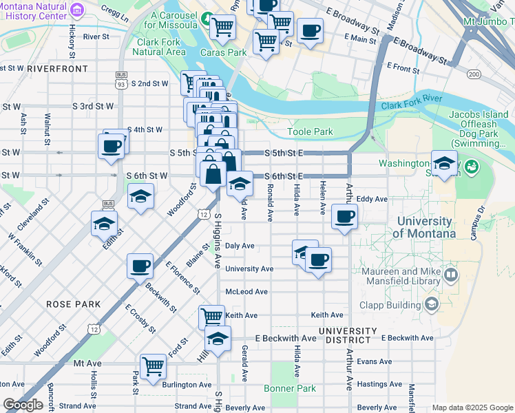 map of restaurants, bars, coffee shops, grocery stores, and more near 205 Eddy Avenue in Missoula