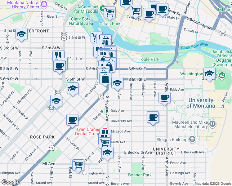 map of restaurants, bars, coffee shops, grocery stores, and more near 900-998 South Higgins Avenue in Missoula