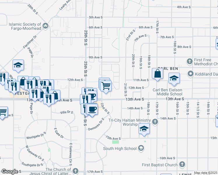 map of restaurants, bars, coffee shops, grocery stores, and more near 2233 12th Avenue South in Fargo