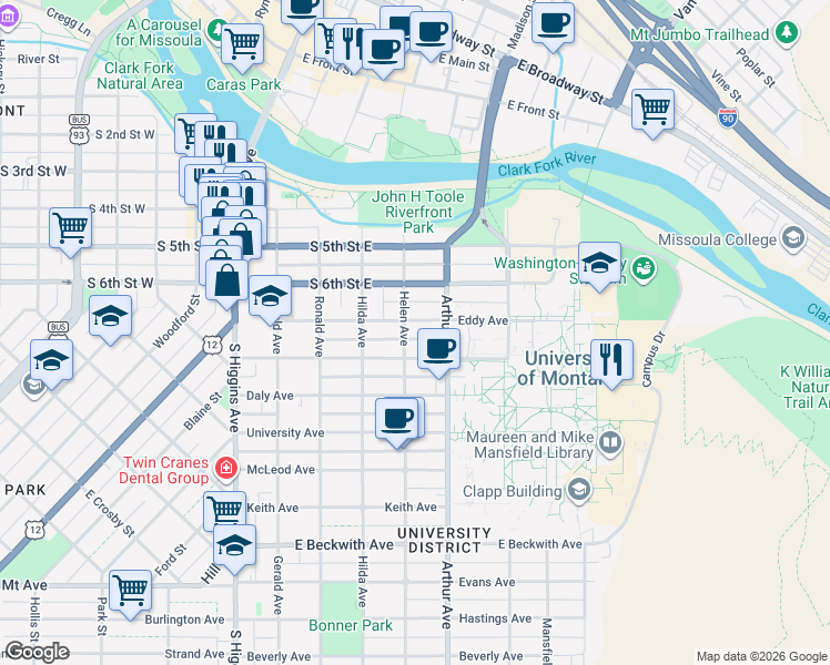 map of restaurants, bars, coffee shops, grocery stores, and more near 501 Eddy Avenue in Missoula